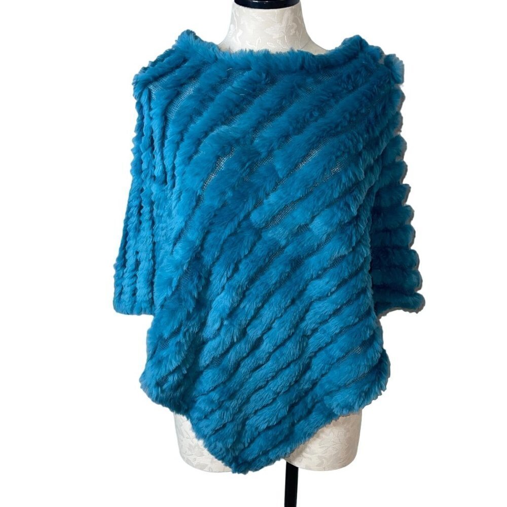 Black Rivet Womens Poncho One Size Blue Wool Rabbit Fur Knit Pullover